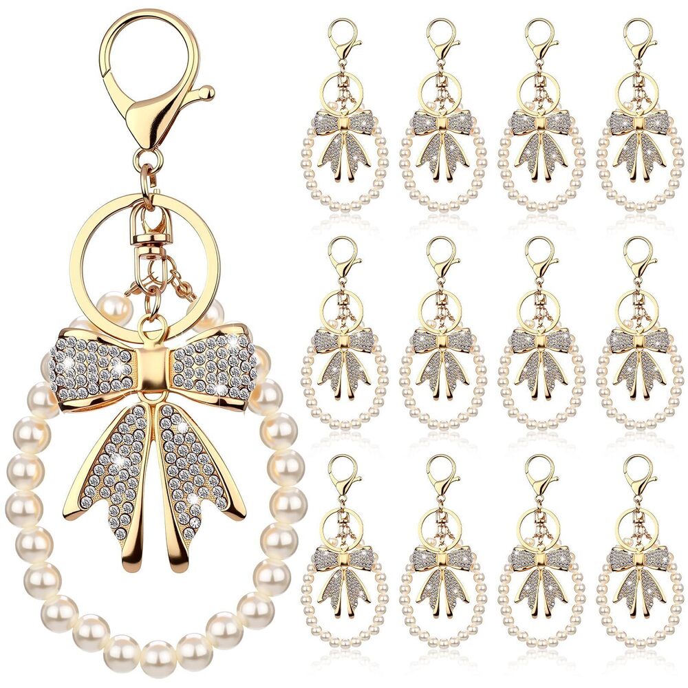 4227 12 Sets Bow Keychain and Pearl Keychain Accessories Bow Bag Purse